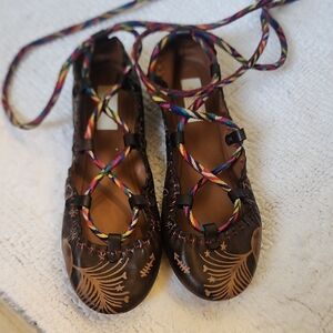 NIB Valentino Garavani, Leather Rainbow Lace-up Peasant Flats, 8 1/2